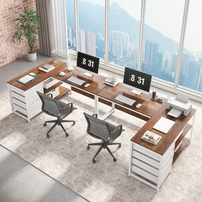  59" L-Shaped Computer Desk for Home Office, Small Space Corner Desk with 4 Drawers, Brown/White