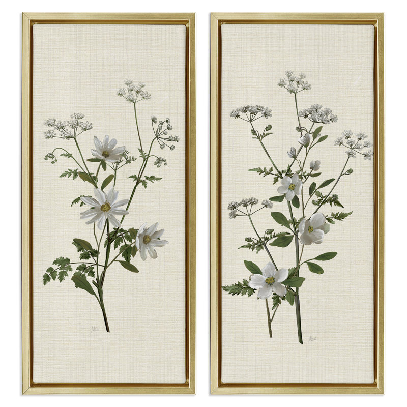 Ensemble de 2 toiles flottantes encadrées dorées Daisy & Apple Blossom, H 31 po x l 15 po, Cadre flottant métallique doré