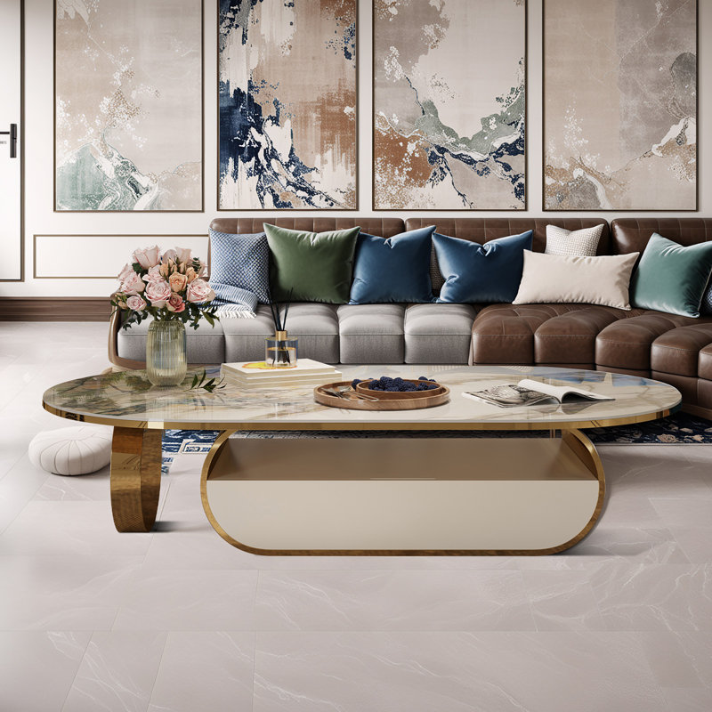 Table basse ovale en faux marbre avec tiroir de rangement
