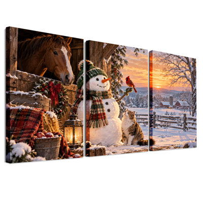 «Winter Farm Scene with Horse Snowman and Christmas», ensemble de 3 toiles