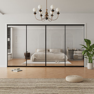 120"x 80"H Room Divider Black Aluminum Frame 1-Lite Clear Glass Sliding Door With Hardware Kit​,4 panels