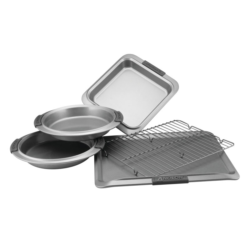Anolon Advanced Nonstick Bakeware / Baking Set with Silicone Grips, Gray, 5-Piece Set (3 Cake Pans, 1 Cookie Sheet, 1 Rack)