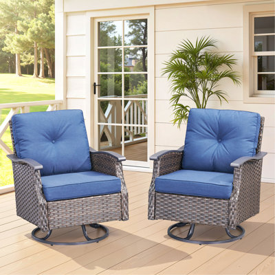 Ensemble de chaises berçantes d'extérieur pivotantes et berçantes pour l'extérieur, en osier gris avec coussins bleus pour le porche ou la cour