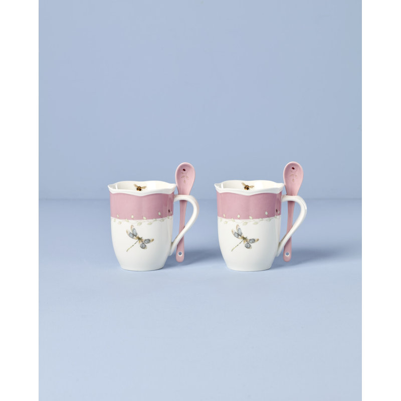 Lenox Butterfly Meadow Pink Mugs with Spoons, Set of 2