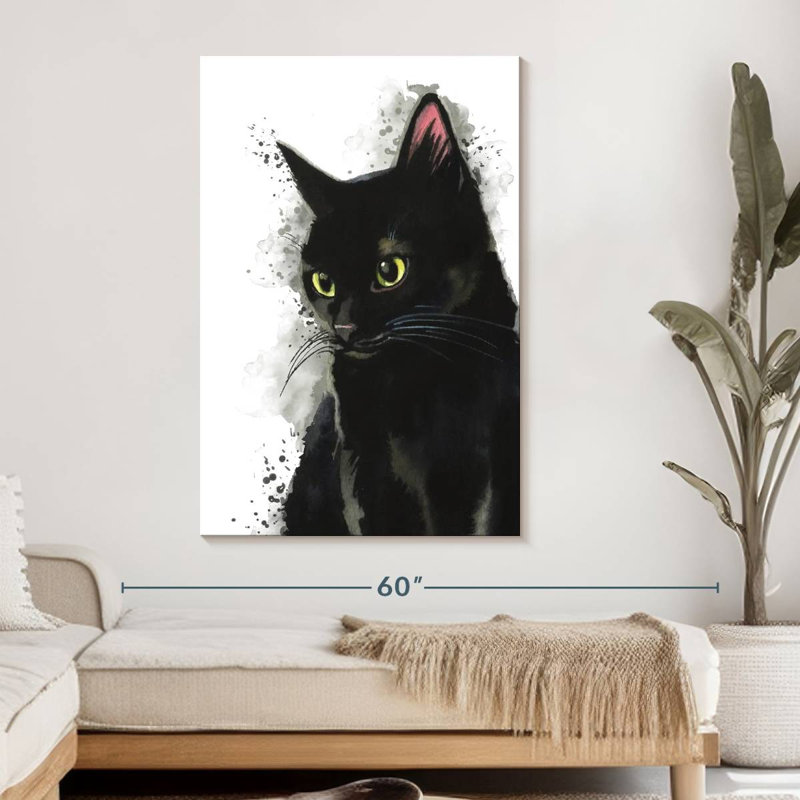 Simple chat noir sur toile, H 48 po x l 32 po x P 1,25 po