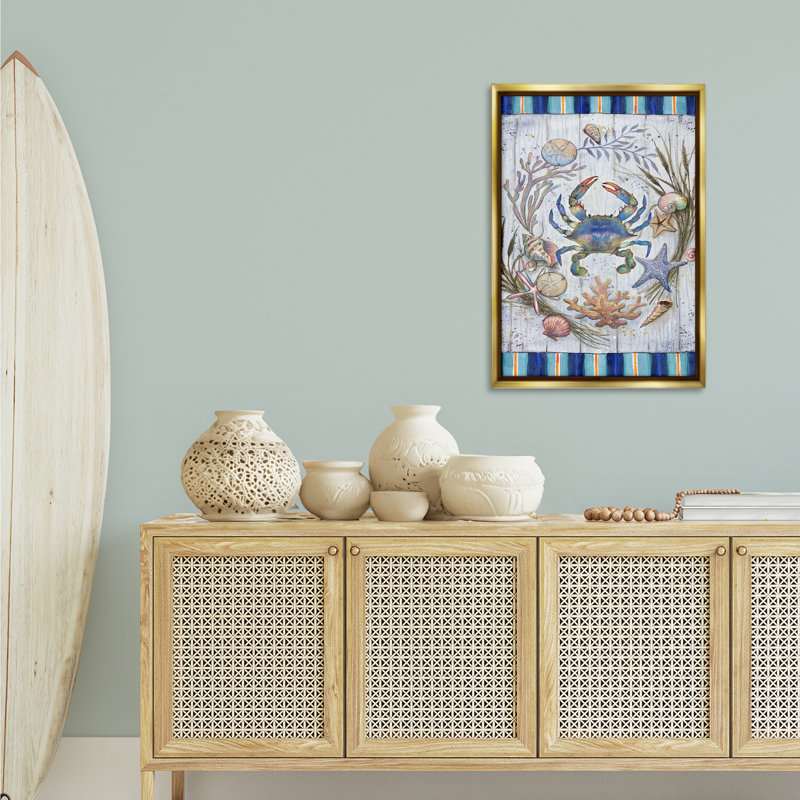 «Coastal Wreath & Crab» par Geoff Allen, H 31 po x l 21 po, Cadre flottant métallique doré