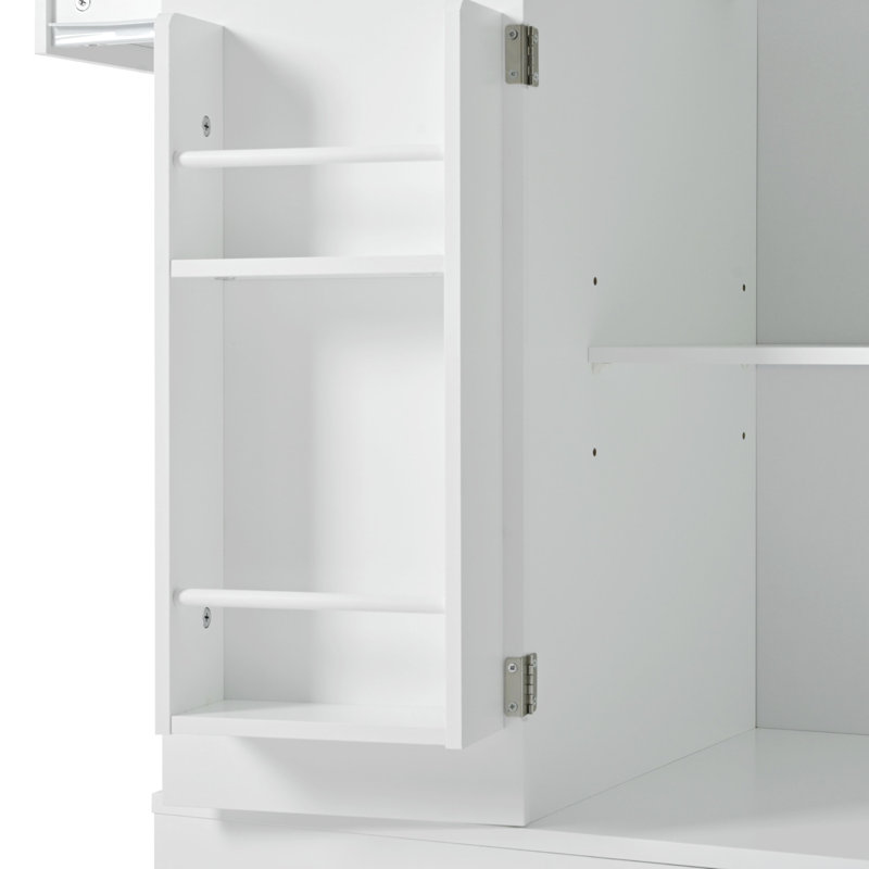 Stylish Kitchen Island Featuring Trash Bin Compartment, 5 Wheels, 3 Drawers, Power Charging Point, White With 10 Can Space, Open Shelves, Outlets, Version