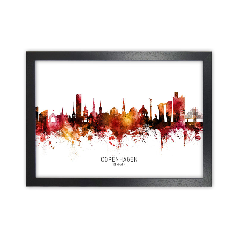 Copenhagen Denmark Skyline Red City Name by Michael Tompsett - Print, Black Framed, 64cm H x 88cm W x 3cm D