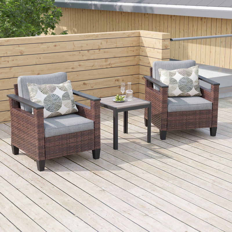 Chaise de patio et table d'appoint en rotin 3 pièces, chaise en osier toutes saisons avec structure en acier, Gris plomb