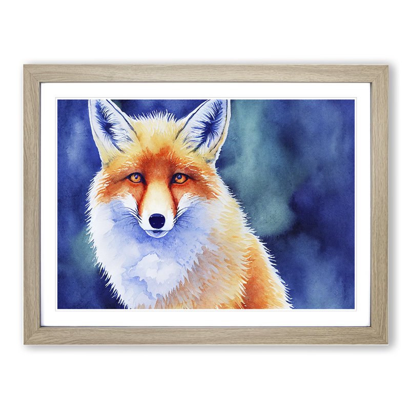 Fox Watercolour - Single Picture Frame Print, 46cm H x 64cm W x 2cm D, Oak