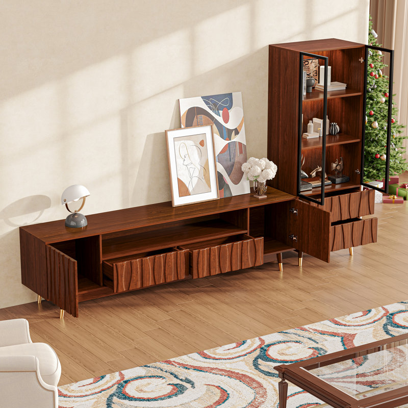102.3'' Walnut Finish Entertainment Center for 55/65/75 Inch TV, Mid-century Modern Wood Media Console Includes TV Stand with Storage and 3-tier Display Cabinet with 2 Drawers for Living Room and Bedroom, Brown