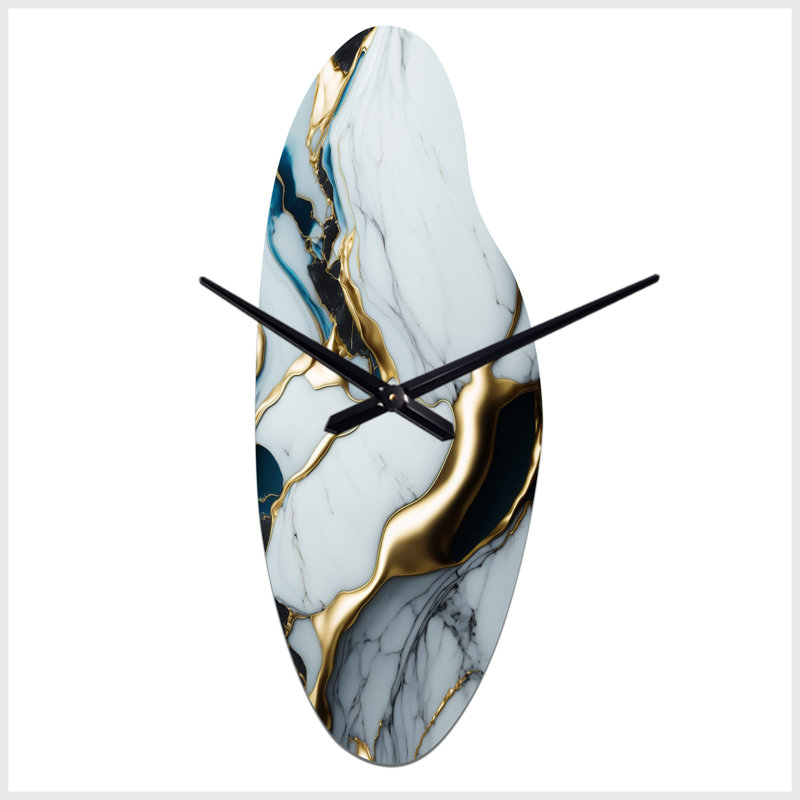 Abstract Geode Gold And White Marble II - Curved Shape Large White Wall Clock - Unique Shape, Medium