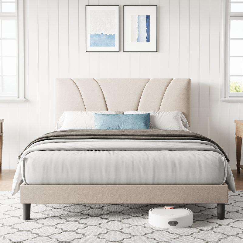 Lit plateforme tapissier Nihal avec tête de lit réglable, Grand, Beige