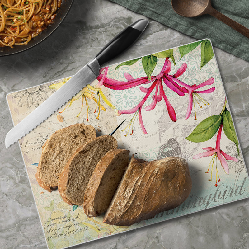 Hummingbird Floral Tempered Glass Rectangular Cutting Board 10" x 8"