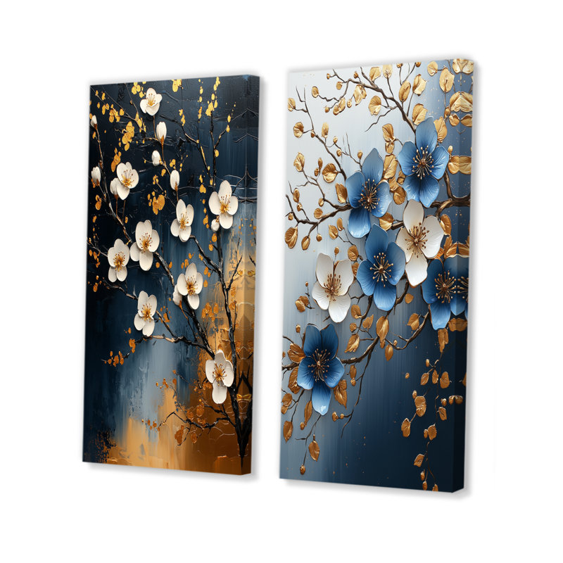 «Blue Cherry Blossom Tree Scenery III», ensemble d'art mural 2 pièces, Toile tendue, H 28 po x l 24 po