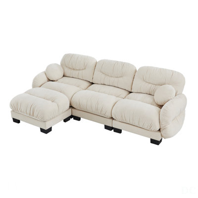 Pleated Design Cozy Chenille Fabric 3 Seater Modular Sofa With High-Density Ergonomic Foam, L Shape Sectional Couch With Ottoman And Round Armrests