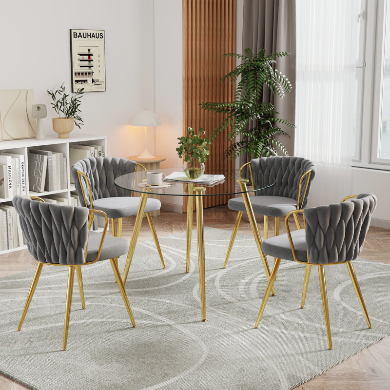 5-Piece Round Glass Dining Table Set for 4, Black, 29.5"H x 36"W x 36"D, Gold