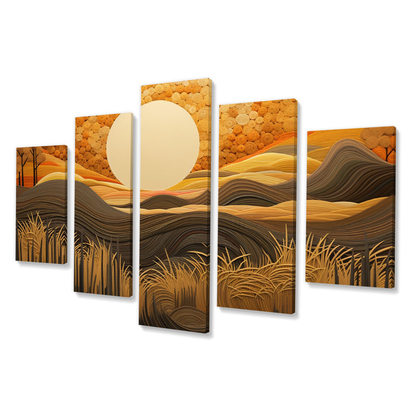 Paysage avec paysage de pleine lune Golden Fields - décor mural prairie - 5 panneaux