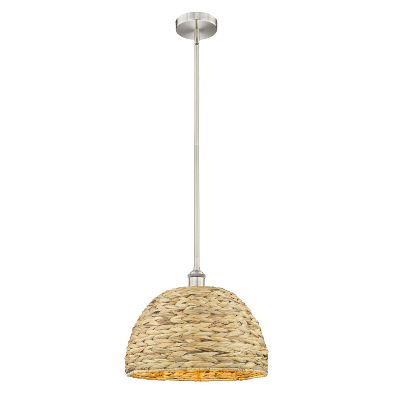 Edison - Rotin tissé - Mini-luminaire suspendu avec tige 16 po 1 lumière, Nickel satiné brossé