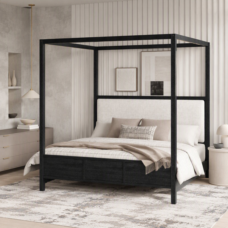 Lit plateforme à baldaquin en bois avec tête de lit tapissier, Très grand lit, Noir