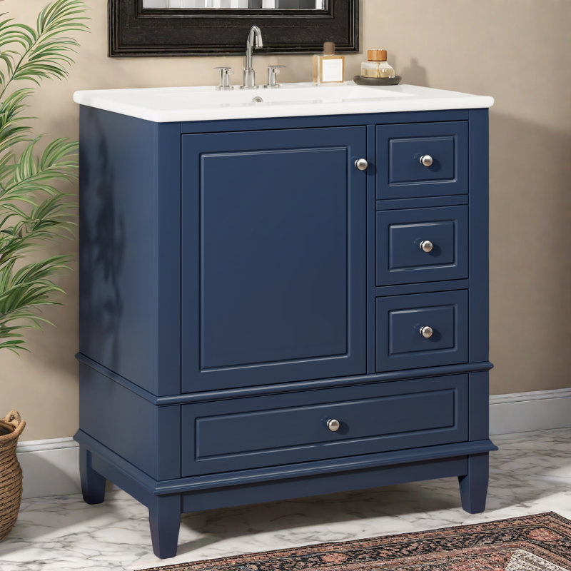 Meuble-lavabo 30 po avec lavabo, une porte avec tablette et trois tiroirs, porte à fermeture en douceur, Bleu
