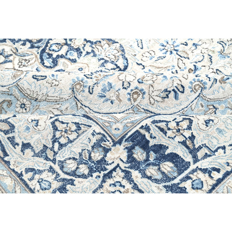 Tapis beige et bleu noué à la main de haute qualité