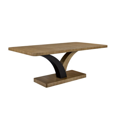 Table piédestal en placages d'eucalyptus, base sculpturale à double arc, bords arrondis lisses sur plateau rectangulaire, couleur brun clair, bois massif +, 84 po de profondeur, 44 de largeur, 30 de hauteur, 235 lb fabriquée en eucalyptus, base