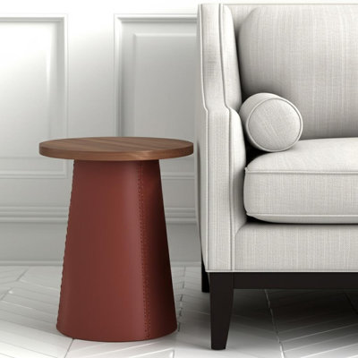 Table de bout ronde en bois et similicuir 23 po