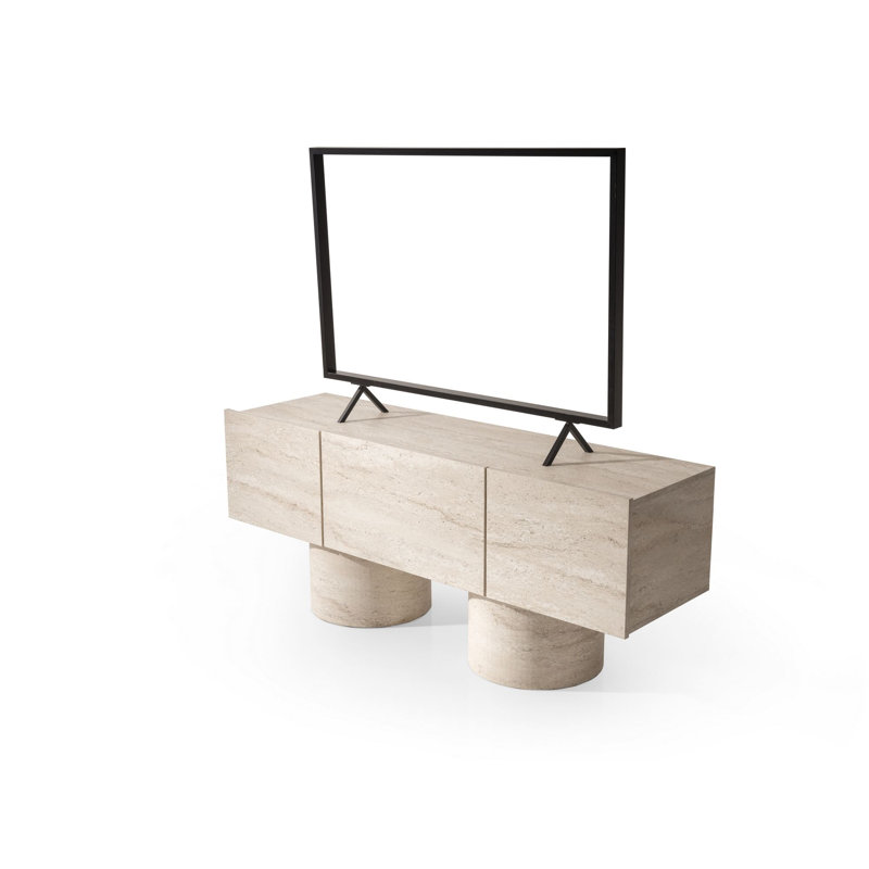 Modern TV Stand, 59.1 x 34.3 x 16.5 inches, Travertine Color | 100% Melamine Coated Particle Board, Thickness: 0.7 inches | Sturdy Particle Board Legs, Holds Up to 220 lbs | Elegant Beige Marble Design for Living Room
