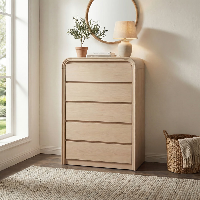 Curved Edge 31.5" Wide Natural MDF 5-Drawer Dresser with Storage, Natural