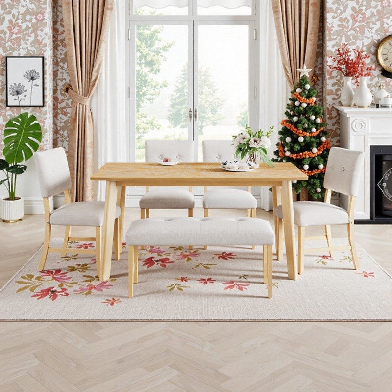 6-Piece Dining Table Set With Bench And 4 Chairs Solid Wood And MDF Rectangular Table