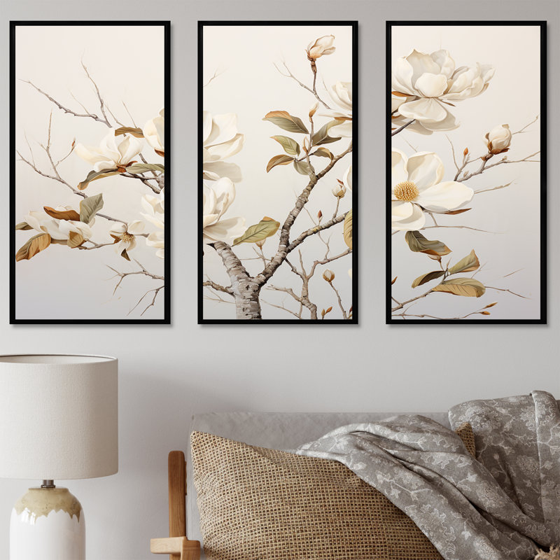 «Minimalisme blanc Magnolias Blossom - Magnolias», ensemble de reproductions d'art mural, Cadre flottant noir