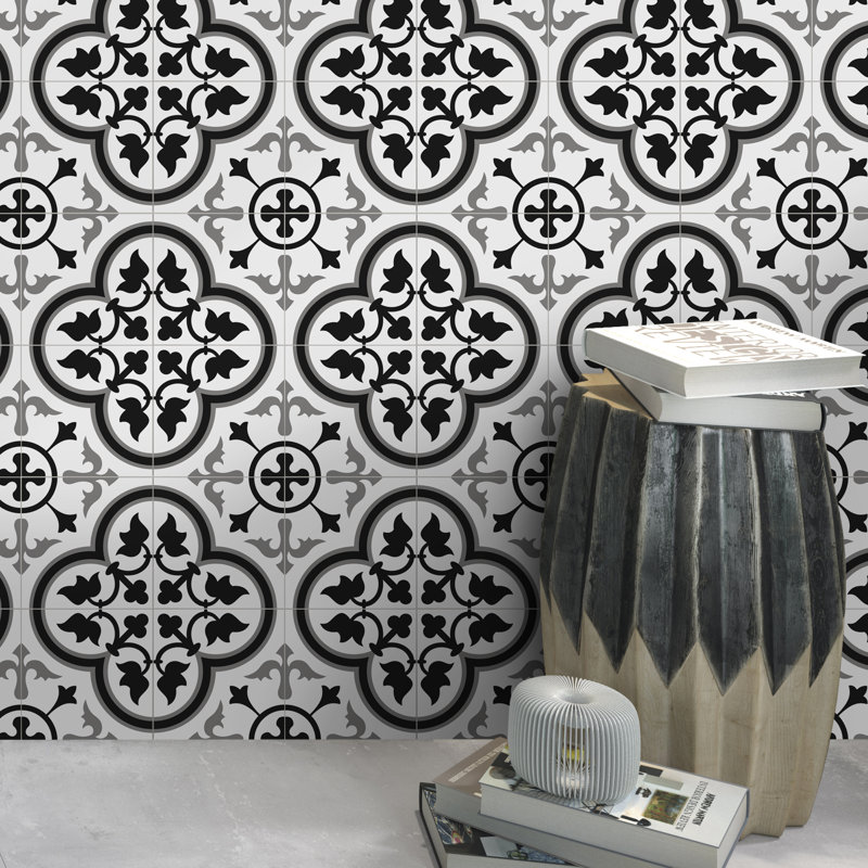 12" x 12" Patterned Stone Composite Peel & Stick Mosaic Tile, Black And Grey