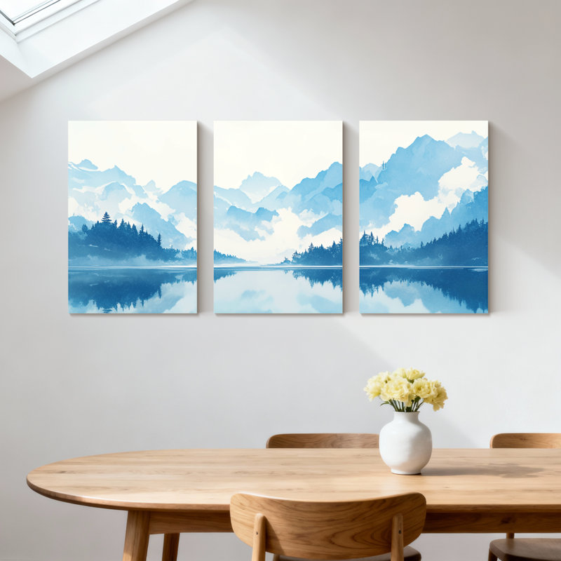 Paysage et nature montagne lac réflexion forêt ciel eau nuages bleu ensemble de 3 impressions sur toile, H 30 po x l 60 po