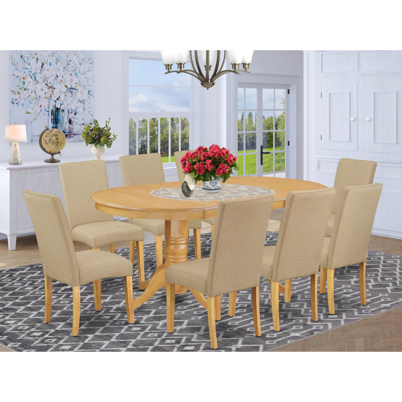9-Piece Dining Room Set Consists of a Wooden Table and 8 Dark Khaki Upholstered Chairs with High Back - Oak Finish, Oak, 9