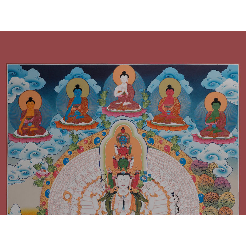 «Amoghpasha Lokeshvara» (Lasso infaillible), art mural 24 po bouddhiste tibétain peint à la main Avalokiteshvara Thangka, sans brocart, or pur 24 carats avec acrylique, 39 x 27,2 po