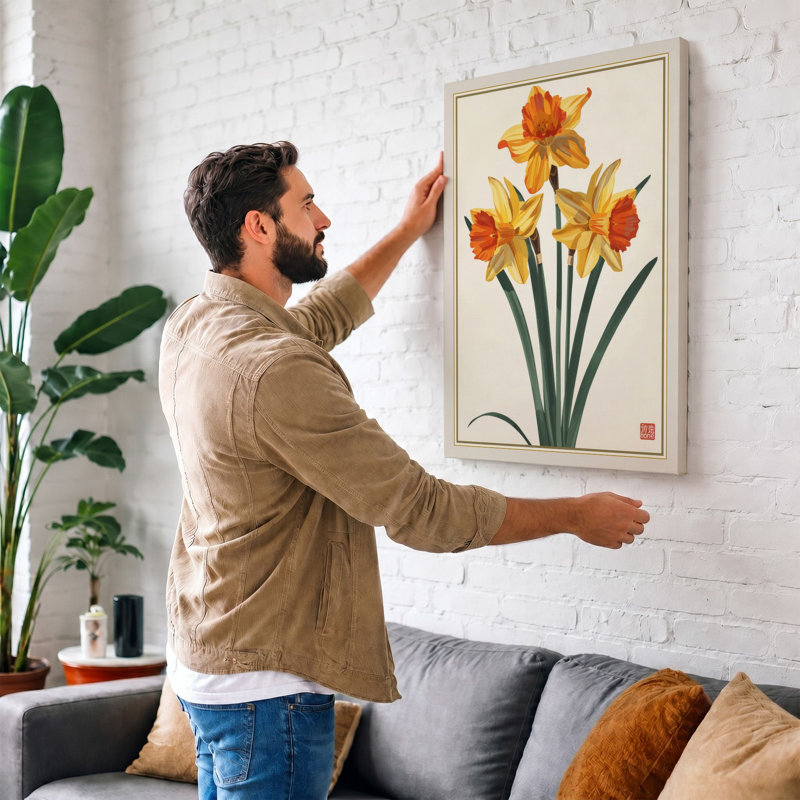 Daffodil Study Botanical - Wrapped Canvas, 36x24 - 91.4 x 61.0 cm, Cream Border