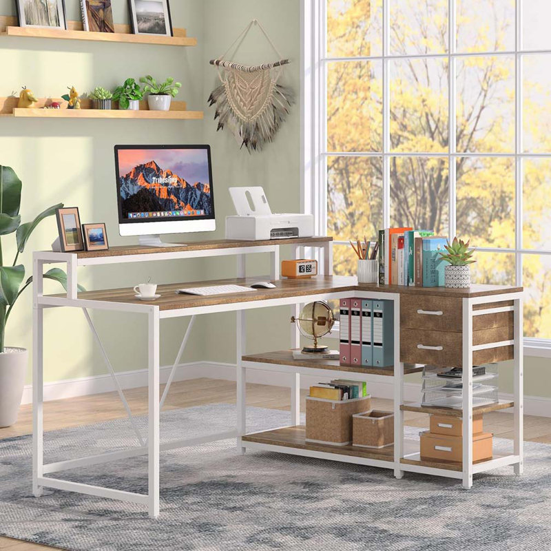 Bureau d'ordinateur en forme de L réversible avec support pour écran, Chêne / blanc