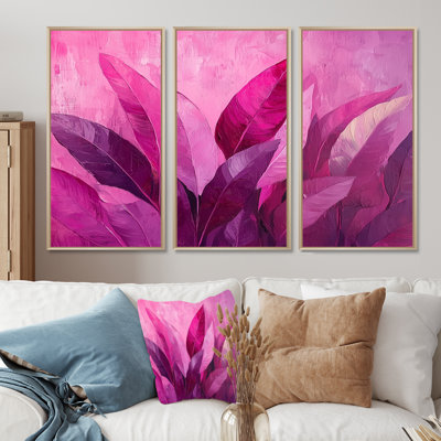 Feuilles magenta Blosoom II - feuilles, art mural - ensemble de 3