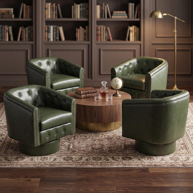 Fauteuil demi-tonneau pivotant capitonné en cuir PU, fauteuil rond confortable pour le salon (vert, paquet de 4), Vert * 4