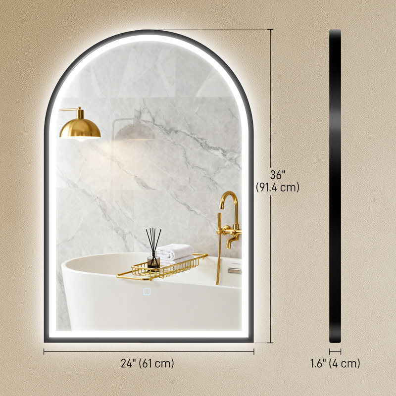 Miroir de salle de bain 24 po x 36 po à DEL, miroir mural arqué, noir