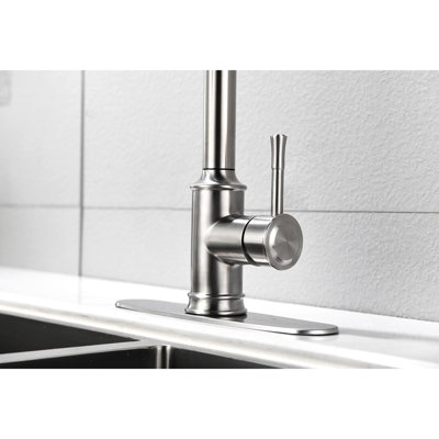 Robinet de cuisine escamotable en acier inoxydable, nickel brossé, buse rotative à 360 °, 3 réglages d'eau, fabuleux robinet à poignée simple en acier, douchette en nickel, options de débit, lustré