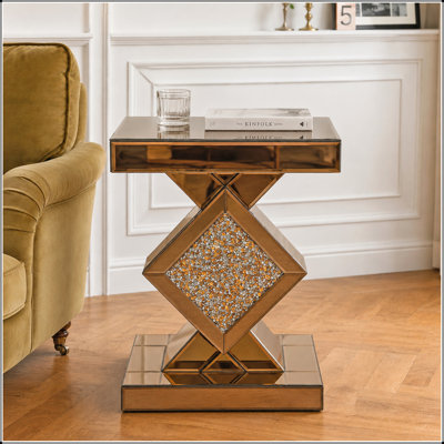 Table de bout en miroir à motif de diamant concassé, table d'appoint latérale brune, petite table basse à miroir pour le salon et la chambre à coucher