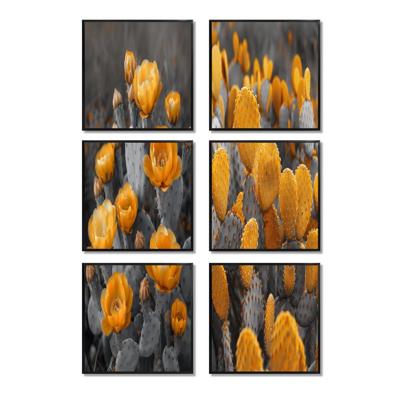 Fleurs de désert monochromes jaunes et grises - ensemble de 6 cactus floraux, Impression encadrée sans passe-partout, Noir