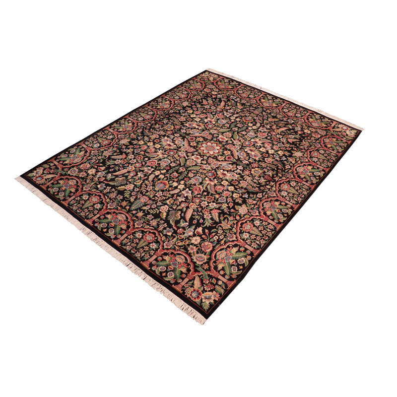 Tapis floral noir / rouille / vert en laine noué à la main 8 pi x 10 pi Ozric Floral