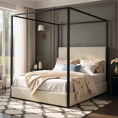 Modern Luxury Metal Canopy Bed with Four Poster & Tall Corduroy Upholstered Headboard, No Box Spring Needed by Mercer41