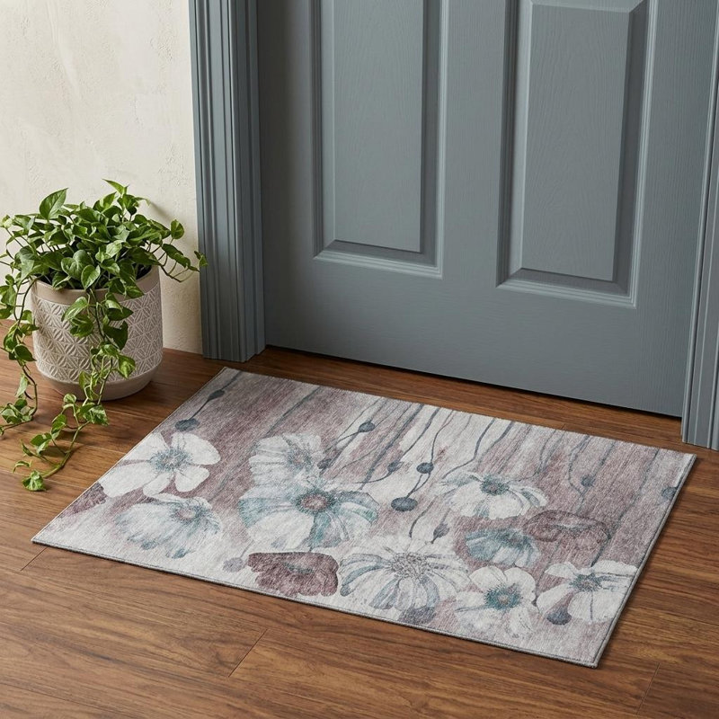 3' X 5' Teal Mauve And Ivory Floral Washable Area Rug With UV Protection