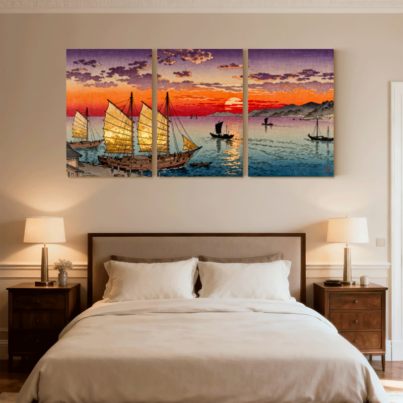 Coucher de soleil voiliers port reflets eau ciel montagnes bateau ensemble de 3 impressions d'art sur toile