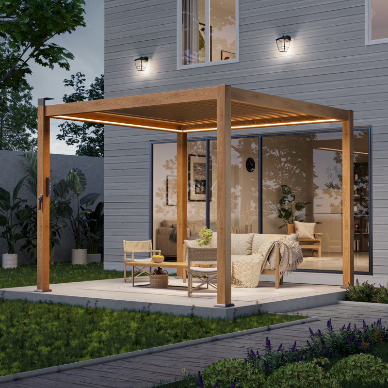 Patio Louvered Aluminum Pergola with Solar LED, Wood Texture, 10 Ft. x 10 Ft.	