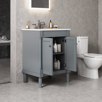 Meuble-lavabo 24 po à double fermeture en douceur, lavabo en céramique 6,9 po, structure en pin massif. Rangement peu encombrant pour les salles d'eau